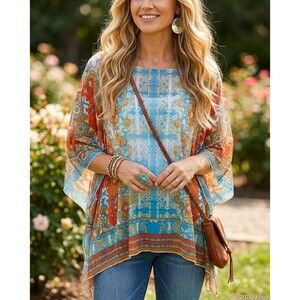 Ali Miles Women's XL Poncho Top Blue Orange Geometric Sheer Flowy Lightweight